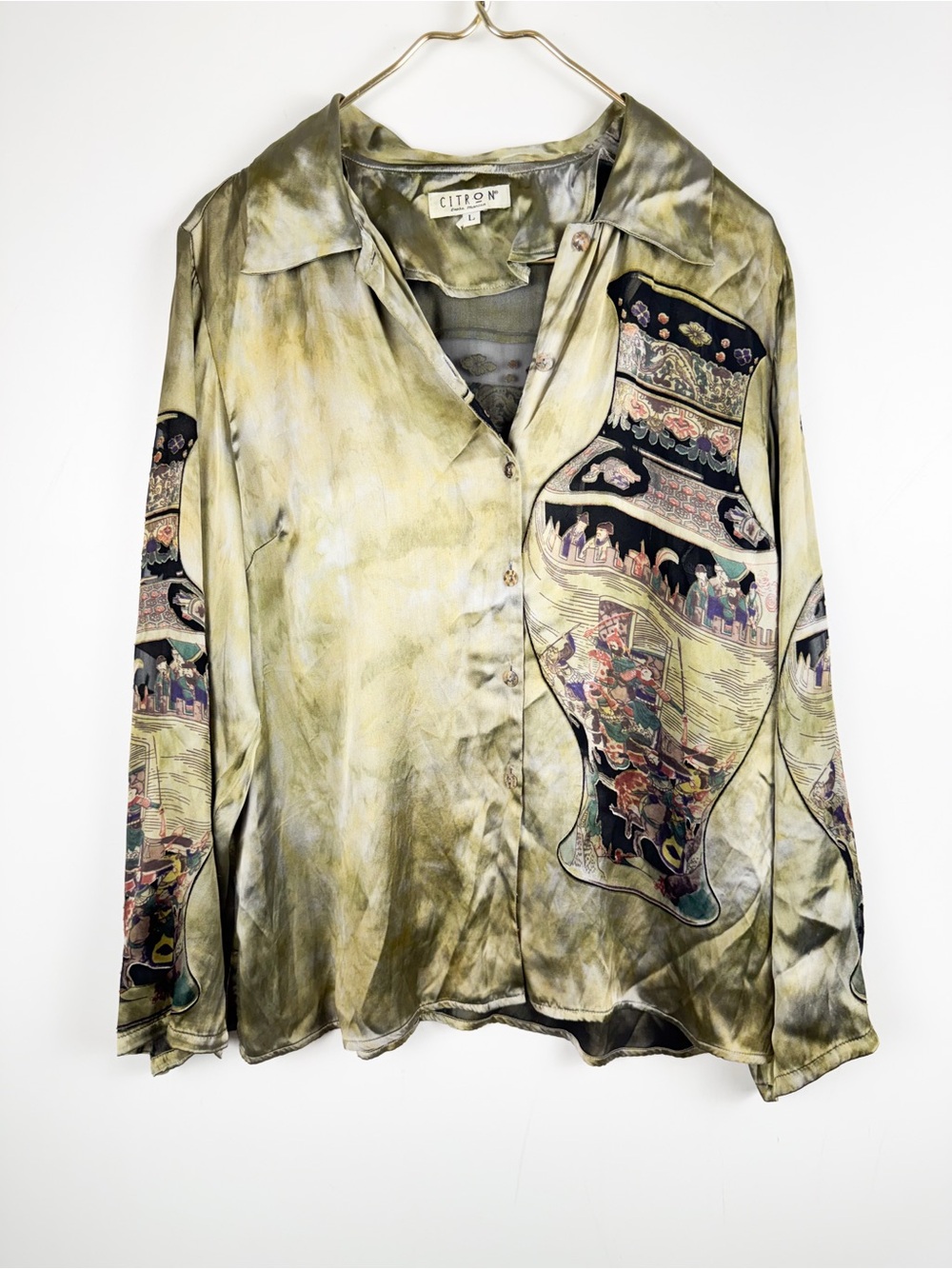 Citron Santa Monica Silk Blouse L Asian Vase Motif Wearable Art Button Up Top⁠